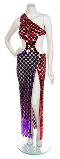* A Purple and Red Rhodoid Disc Dress, No size.