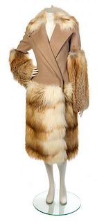 * A Paco Rabanne Tan Wool Coat with Fur Trim, Size 40.