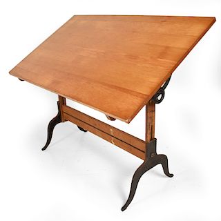Antique Lietz Drafting Table in Maple and Cast Iron Art Deco Period