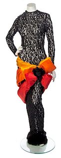 * A Pierre Cardin Black Lace and Orange Column Gown, No size.