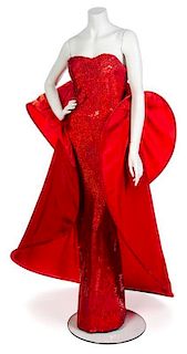 * A Pierre Cardin Couture Red Sequin Evening Gown, No size.