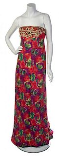 * A Renalto Balestra Red Floral Strapless Evening Gown, No size.