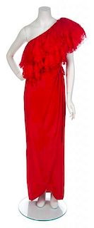 * A Valentino Couture Red Silk Single Shoulder Gown, Size 10.