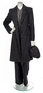 * An Yves Saint Laurent Grey Pinstripe Wool Ensemble, Pant size 40, hat size 59.