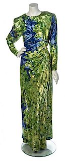 * An Yves Saint Laurent Metallic Floral Evening Gown, Size 40.