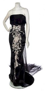 * A Zang Toi Black Fur and Silk Strapless Evening Gown, Size 6.