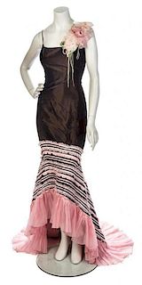 * A Zang Toi Brown Silk and Pink Evening Ensemble, Size 6.