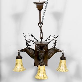 Arts and Crafts Bronze Four-Light Stag Chandelier
