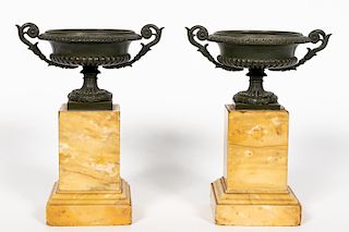 Pair, Charles X Style Bronze & Marble Urn Tazzas
