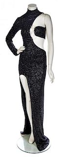 * A Black and Metallic Single Shoulder Evening Gown, No size.