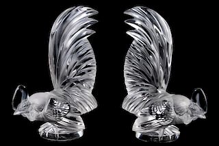 Pair, Lalique "Coq Nain" Car Mascot Sculptures