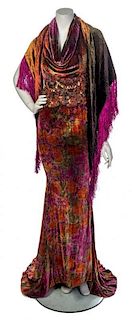 * A Crushed Velvet Floral Halter Gown and Wrap, No size.