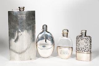 Four Sterling Silver Flasks, English and  American