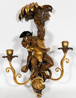 Italian Figural Monkey Candle Sconce, Parcel Gilt