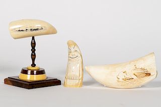 Three Carved and Scrimshaw Whale & Walrus Teeth