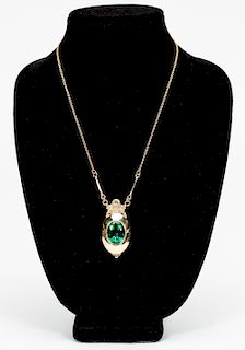25ct Green Quartz & Diamond Necklace, 14k YG