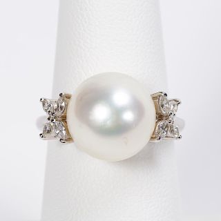 Platinum, South Sea Pearl & Diamond Ring