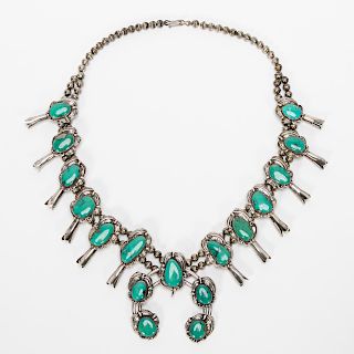 Silver & Turquoise Navajo Squash Blossom Necklace