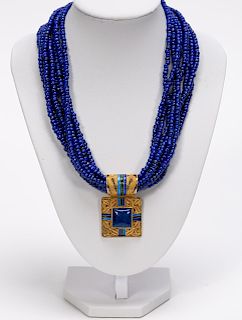 Lapis Lazuli Stranded Necklace w/ Enameled Pendant