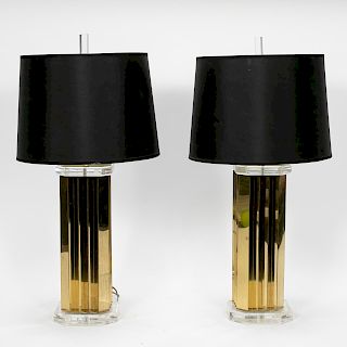 Pair, Modern Bauer Brass & Acrylic Table Lamps