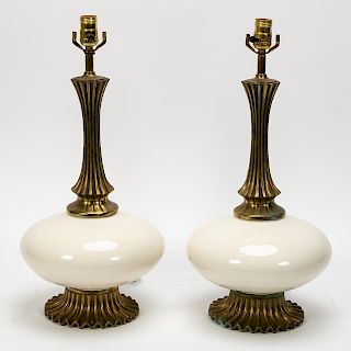 Pair, Mid Century Modern Ceramic and Brass Lamps
