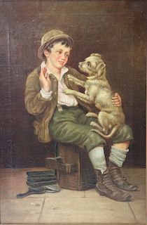 UNSIGNED. Oil On Canvas Boy With Dog.
