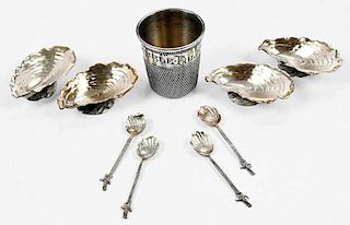 Four Sterling Salts, Spoons and Thimble Shot