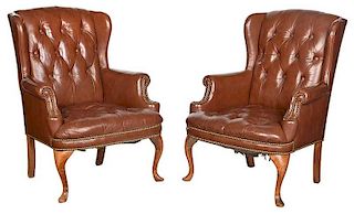 Pair Leather Tufted Upholstered Wing Chairs