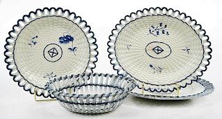 Four Blue and White Basketweave Creamware Pieces
