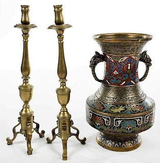 Japanese Champleve Brass Urn,  Pair Candlesticks