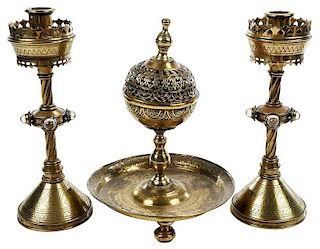 Brass Censer and Pair Gothic Style Candlesticks