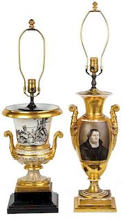Two Vieux Paris Gilt Porcelain Urn Lamps