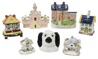 Seven Staffordshire Ceramic Banks and Miniatures