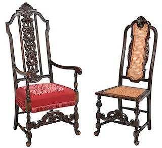 Two William and Mary Style Carved Turned Chairs
