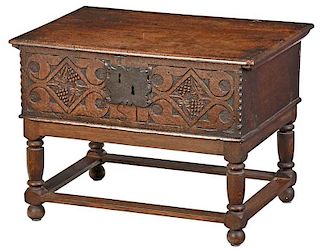 Early English Carved Oak Bible Box on Stand