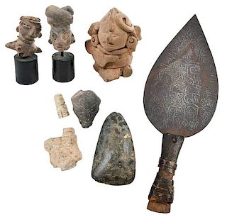 Six Small  Earthenware Figural Items, Two Tools