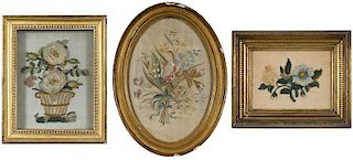 Three Framed Floral Works on Fabric