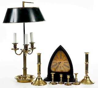 Assorted Desk Items: Lamp, Clock, Candlesticks