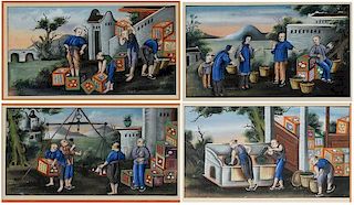 Four Chinese Gouache Tea Production Paintings