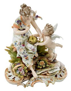 Porcelain Figurine of Woman with Putti and Birds