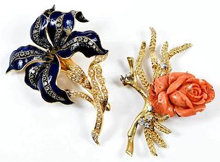 Two 18kt., Gemstone and Enamel Brooches