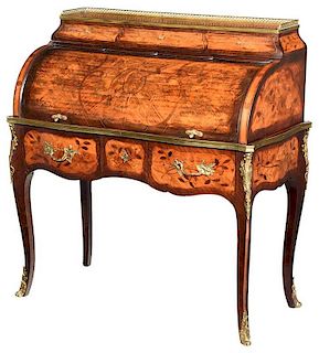 Louis XV Style Marquetry Inlaid Cylinder Desk