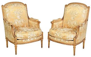 Pair Louis XVI Style Carved and Gilt Wood Bergeres