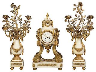 Louis XVI Style White Marble Clock Garniture