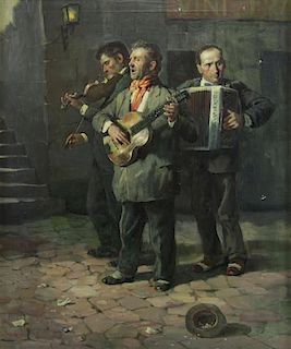 MARK, L. Oil on Canvas. Three Street Musicians.