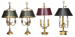 Four Bronze Bouillette Lamps, Metal Shades