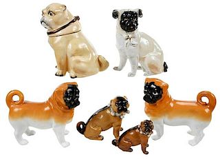 Six Porcelain Pug Figures