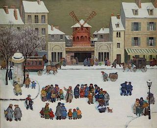 AXATARD, Jean. Oil on Canvas. French Snow Scene.