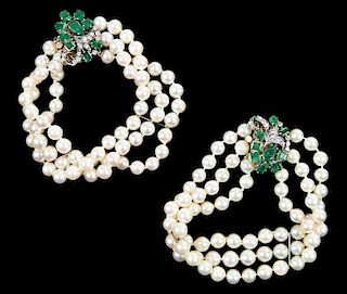 Pair 14kt., Pearl, Emerald and Diamond Bracelets