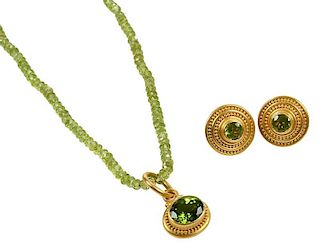 Denise Betesh Gold Peridot Necklace and Earrings